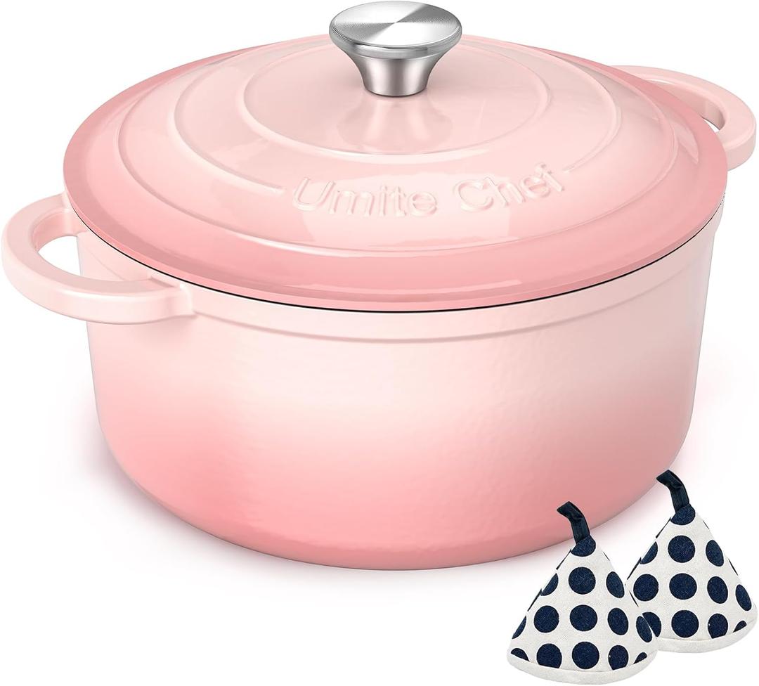 Umite Chef 5QT Enameled Cast Iron Dutch Oven Pot with Lid, Heavy-Duty Cookware for Bread Baking, Braising, Stews, Roasting, Wedding Registry Ideas & Gifts (Pink)