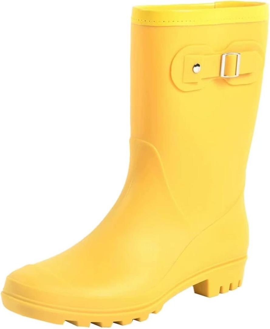 Women's Mid Calf Rain Boots Waterproof Fashion Garden Shoes Anti-slipping Rainboots For Women Comfortable Insole Light Rain Shoes (7.5, Yellow)