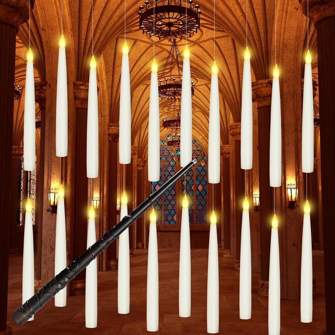 20PCS Floating Candles with Wand, Magic Hanging Candles, Flickering Warm Light LED Taper Flameless Candles with Wand Remote, Battery Operated Window Candle for Halloween Decorations Best Gift