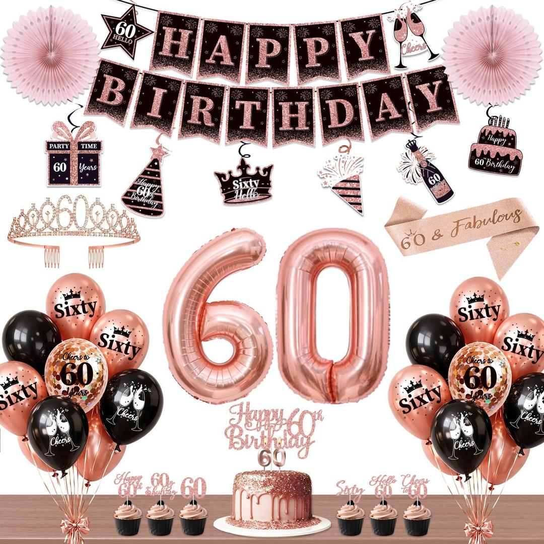 60th Birthday Decorations for Women, 54pcs Happy 60th Birthday Crown and Sash, Black Rose Gold Banner Backdrop Balloons Hanging Swirls Paper Fans, 60 Years Old Birthday Party Supplies Kit