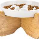 Raised Slow Feeder Cat Bowl with Stand, 6.3'' Wide Ceramic Elevated Shallow Slow Eating Cat Bowl for Dry/Wet Food, Anti-Vomiting Pet Puzzle Feeder, Whisker Friendly, Dishwasher Safe (White)