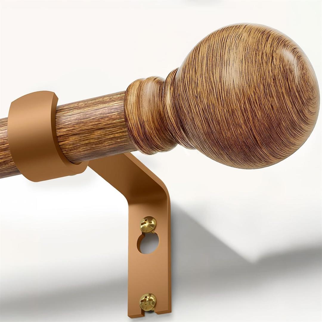 Boho Wood Curtain Rods for Windows 72 to 144 inch 1" Diameter Adjustable Heavy Duty Window Curtain Rod with Decorative Wooden Grain Finials Drapery Rods for Living Room Bedroom Kitchen Cafe Farmhouse