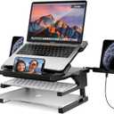 AboveTEK Laptop Stand, 20 Angles Two-Layer Height Adjustable Laptop Stands, Portable Laptop Riser with 360 Rotating Base Storage Space & Extra Phone Holders Compatible with 10''-17'' Laptops Black