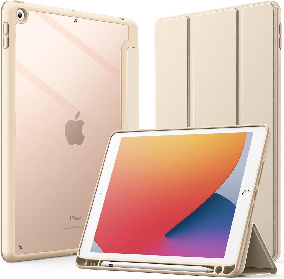 JETech Case for iPad 10.2-Inch (9th/8th/7th Generation, 2021/2020/2019) with Pencil Holder, Clear Transparent Back Shell Slim Stand Shockproof Tablet Cover, Auto Wake/Sleep (Beige)