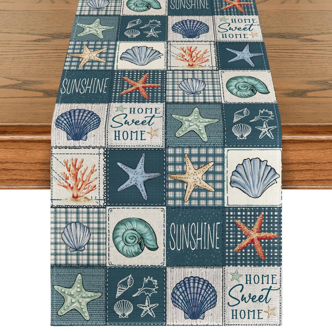Artoid Mode Checkered Conch Shells Starfish 210 GSM Summer Table Runner, Seasonal Kitchen Dining Table Decoration for Home Party Decor 13x108 Inch