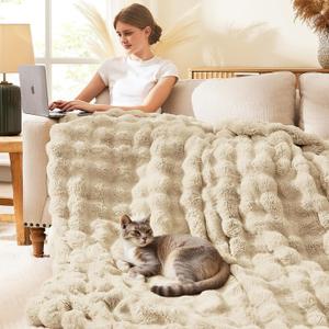 L'AGRATY Faux Rabbit Fur Blanket: 90" x 90" Queen Luxury Soft Fluffy Thick Fur Throw Blanket for Couch Bed Sofa - Cozy Plush Bubble Blankets for Winter: Flannel Fleece Decorative Blanket(Almond White)