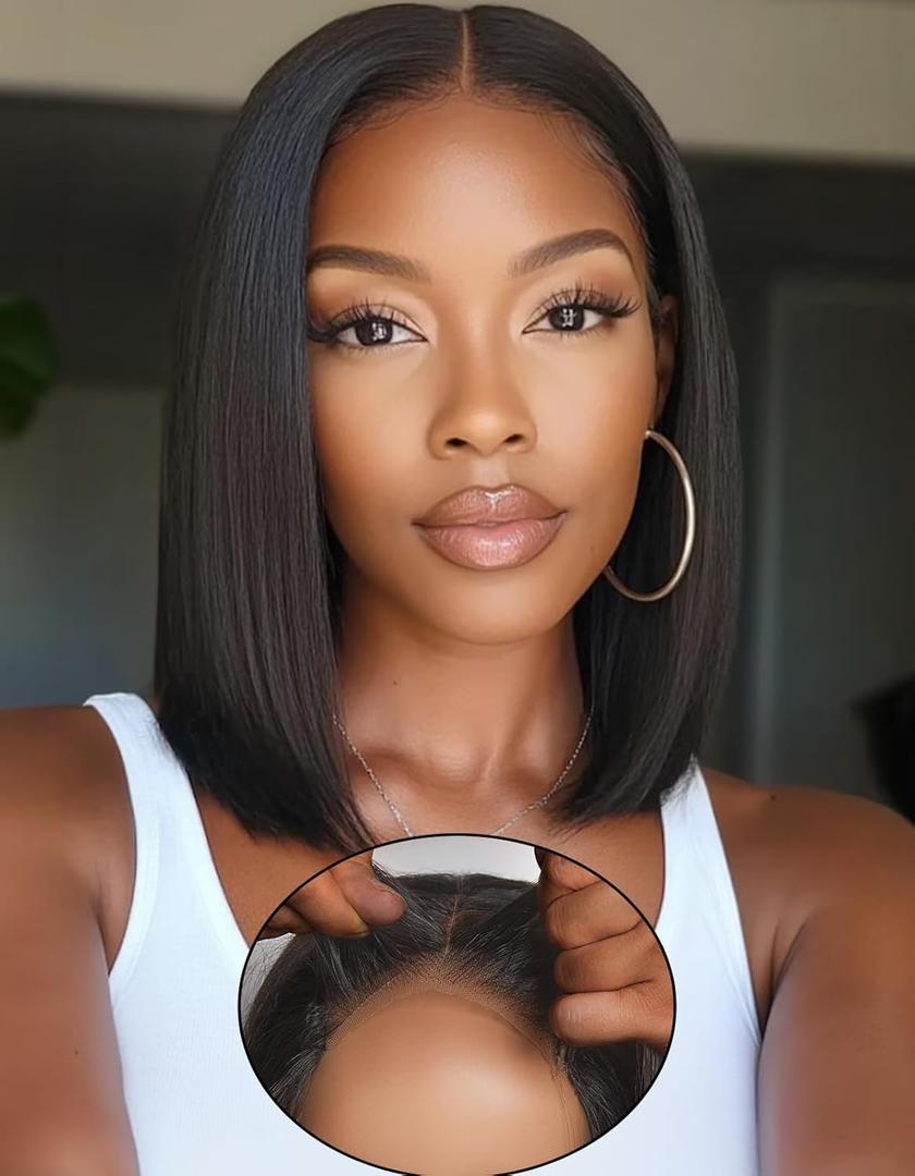 WEQUEEN Wear and Go Glueless Bob Wig Human Hair Pre Plucked Pre Cut 4x4 Skin-like Lace 250% Density Straight Short Bob Wig for Black Women 10 Inch