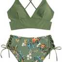 ZAFUL Women Tankini Set, Ribbed High Cut Surplice Swimsuit Bathing Suit with Spaghetti Straps, 2XL, Army Green