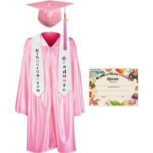 GraduationMall Kindergarten Graduation Cap Gown Stole Package with 2025 Tassel, Certificate (Small, Pink)