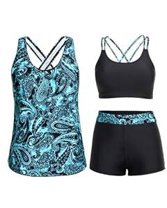 Holipick PGY85 3 Piece Tankini Swimsuits for Women Tummy Control Bathing Suits Swim Tank Top with Bra Boy Shorts Teen Swimwear L