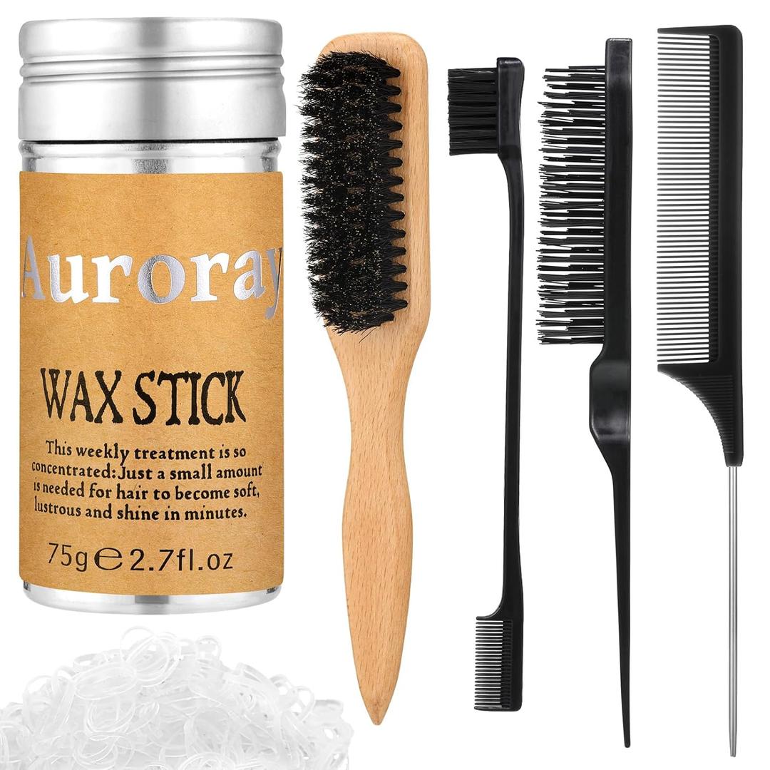 Boar Bristle Slick Back Hair Brush Comb with Wide Boar Bristle Brush,Hair Wax Stick,500PCS Elastic Rubber Bands for Women and Men Sectioning,Parting