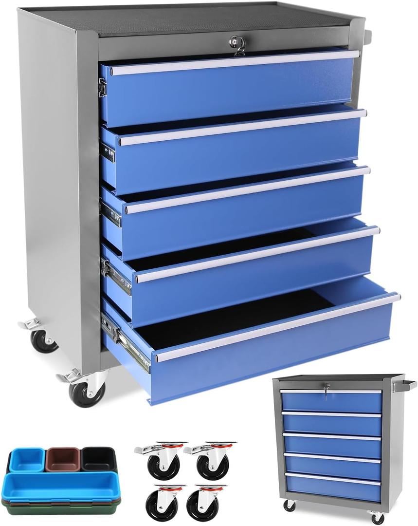 Heavy-Duty 5-Drawer Rolling Tool Chest with Wheels, Steel Tool Storage Cabinet with Lock & Liner for Workshop for Workshop/Garage - Includes 5 Organizer Boxes, Blue-Grey
