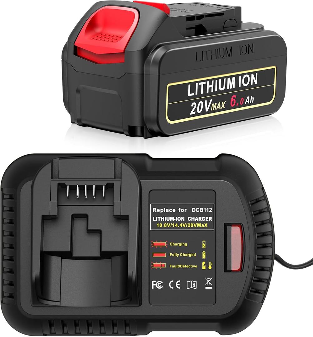 6000mAh Battery Replace for DeWalt 20V Max Battery with DCB112 Fast Charger, DeWalt 20V Batteries and Charger Combo Compatible with DCB206/DCB205/DCB208 & DCD/DCF/DCG Series Power Tools