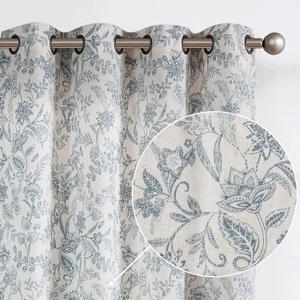 Vangao Blue Floral Linen Curtains for Living Room 84 Inches Long Farmhouse Curtains for Bedroom Vintage Print on Beige Light Filtering Window Drapes Grommet Top 2 Panels