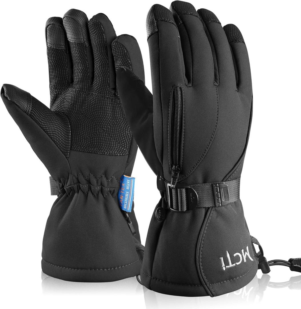 MCTi Waterproof Mens Ski Gloves Winter Warm 3M Thinsulate Snowboard Snowmobile Cold Weather Gloves (Large, Black)