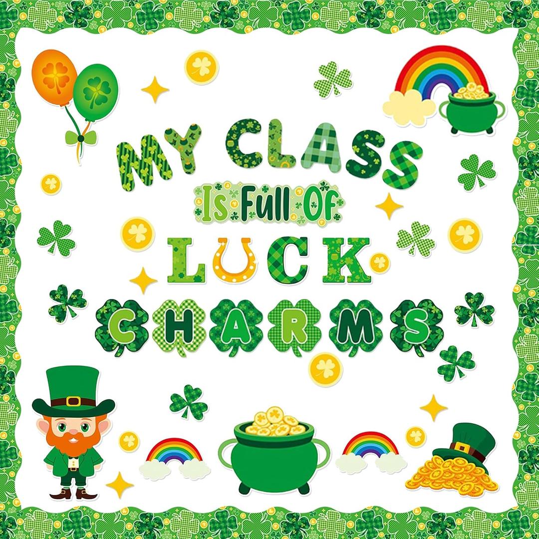 St. Patrick's Day Bulletin Board Decorations Kit with 62 Cutouts & 120 Glue Points, Lucky Clover Shamrock & Gold Coin Designs for Classroom Wall, Door, Party Decor, Standard