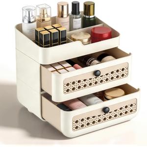 LBW Makeup Organizer for Vanity Countertop, 3-Tier Large Cosmetic Storage with 2 Drawers, Perfume Display Holder, Beauty Gift for Women (Cream)