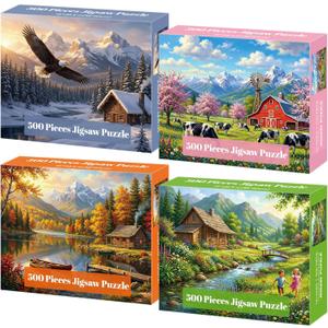 4-Pack 500 Piece Puzzles for Adults, Four Seasons Scenery Jigsaw Puzzles for Adults 500 Pieces, Fun Challenging Jigsaw Puzzles 500 Pieces for Adults Family Game Gift for Home Decor Wall Art, 500 pieces, 15x20.5 inches