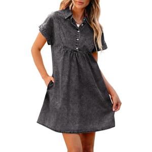 luvamia Denim Dress for Women Summer Short Sleeve Button Down Collared Pleated Western Jean Dresses with Pockets Relaxed XL 