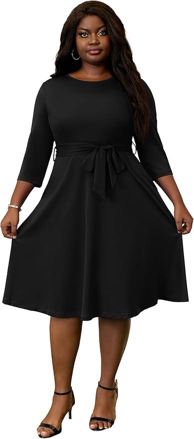 FANDEE Plus Size Midi Dress for Women - Printing Summer Dresses Casual 3/4 Sleeves Round Neck, Pockets and Belt (3XL)