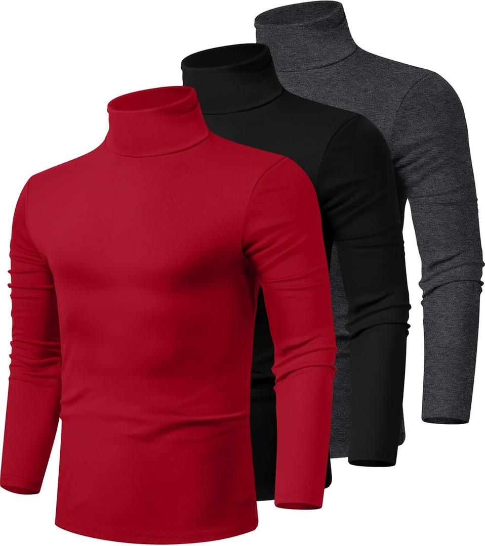 Ficerd 3 Pack Men's Turtleneck Shirts, Long Sleeve Cotton Pullover Sweaters Mock Neck Knitted T-Shirt Basic Slim Fit Tops (Large, Dark Gray, Black, Red)