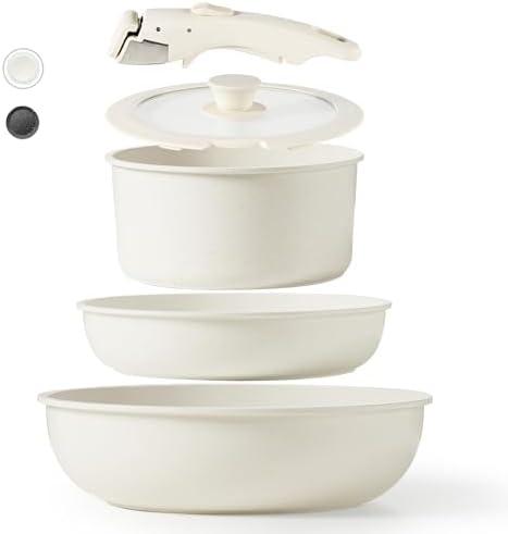 CAROTE Pots and Pans Set Non Stick, 5pcs Cookware Sets, Dishwasher/Oven/Fridge Safe, Kitchen Set, Space Saving Pots Set, Nonstick Set with Versatile Detachable Handle, Induction RV Set