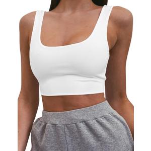 Mizoci Women's Basic Sleeveless Square Neck Cropped Double Layer Sexy Crop Tank Top (Large, White)