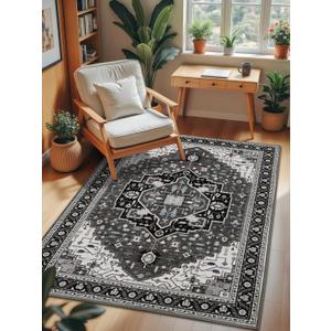 3x5 Black Grey Area Rug for Living Room, Machine Washable Rugs with Non-Slip Backing for Bedroom, Vintage Medallion Carpet Kitchen Laundry Kids Room Decor