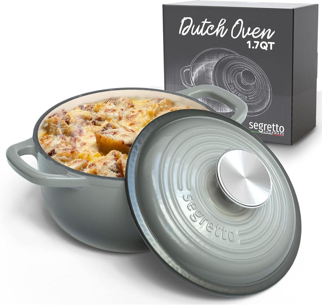 Segretto Cookware Enameled Cast Iron Dutch Oven Pot with Lid Grigio Scuro (Gradient Gray) 1.7 Quarts Dutch Oven Cast Iron with Handle 1.7 qt for Bread Baking