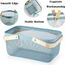 Cheardia 2 Pack Picnic Baskets, Metal Mesh Harvest Basket with Foldable Wooden Handle, Rectangle Garden Storage Basket Bin for Vegetable Fruit Garden Kitchen Cabinet Picking Gathering, Blue