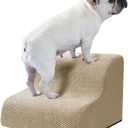 Ryoizen Dog Stairs for Small Pets, 2 Tiers Steps for Bed Couch up to 14'', High Density Foam Ramp Ladder for Puppy, Cat, Waterproof Non-Slip Pet Steps, Tan
