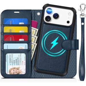 TUCCH 2-in-1 Detachable Wallet Case for iPhone 17 Pro Max 6.9" 2025, RFID Blocking | 4 Card Holders | Wireless Charging | Wrist Strap | Kickstand | Magnetic | PU Leather Protective Cover | Dark Blue