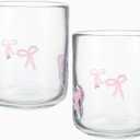 Skylety 2 Pack Bow Icon Juice Glass Coquette Bow Aesthetic Cup 14 ounce Double Old Fashioned Icon Handblown Cocktail glasses for Women Friend Party(Pink) (Clear)