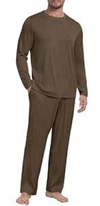 PrinStory Men's Pajama Set Soft Long Sleeve Shirts and Pants Mens Pjs Loungewear 2025 Outfits (XL, Brown)