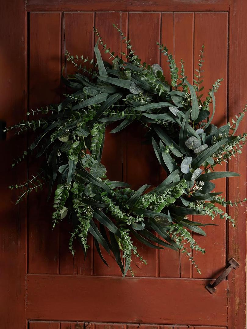 24 Inch Eucalyptus Wreath for Front Door, Large Size Artificial Greenery Willow Wreath, Spring Greenery Encalyptus Wreath for Front Door Wall Window Decor