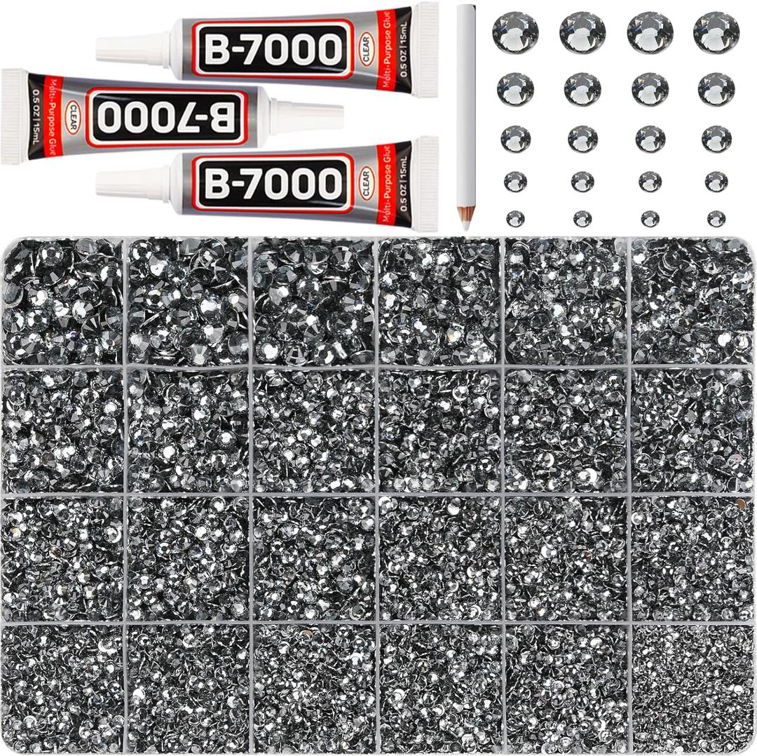 32000Pcs Grey Rhinestones for Bedazzling, Resin 2,3,4,5,6mm Mix Sizes Flatback Gray Black Diamond Gems Diamonds Gemstones Jewels Stones Crystals with B7000 Glue for Crafting Crafts Clothes