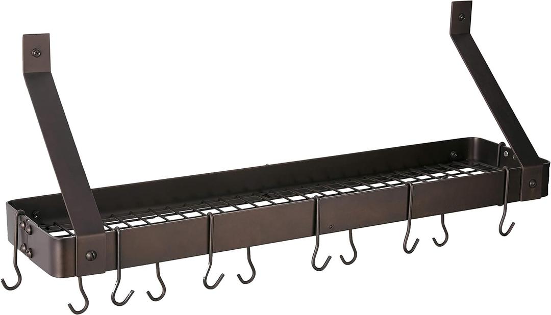 Wall-Mount Bookshelf Pot Rack with Grid & 12 Hooks (Oiled Bronze)