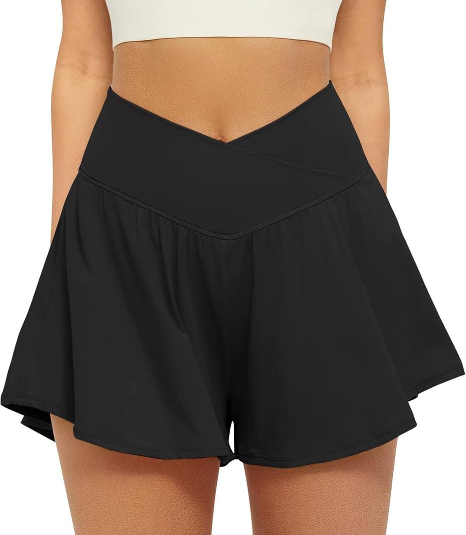 FireSwan Crossover Athletic Shorts for Women 2 in 1 Flowy Running Shorts with Pockets Spandex Butterfly Workout Tennis Skorts (Medium, Black)