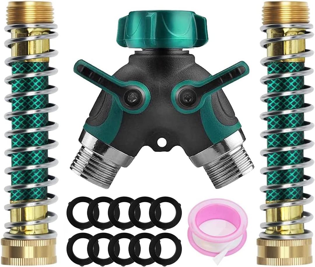 Water Splitter 2 Way Heavy Duty, 3/4" Garden Hose Splitter Y Way Connector 2 Valves Rubberized Grip with 2 Kink Free Faucet Extension Hose Protector 10 Rubber Washers