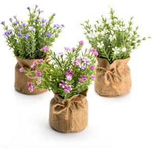 Velener Babys Breath Artificial Flowers in Small Burlap Bag Vases 3Pcs -Gypsophila Faux Flowers Farmhouse Home Coffee Table Bookshelf Office Desk Decorations Kitchen Dining Room Fake Plants Indoor (White/Purple/Pink)