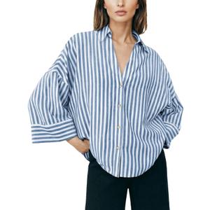 Womens Striped Button Down Shirts Lapel V Neck 3/4 Sleeve Casual Blouses Summer Loose Fit Tops, Size Small