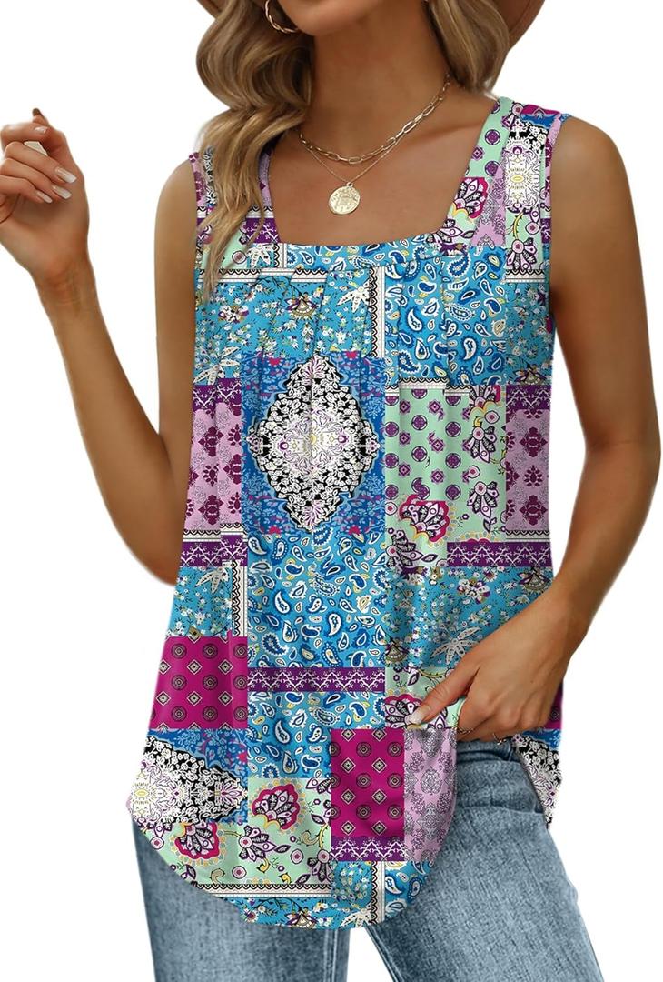 Saloogoe Summer Tank Tops for Women Loose Fit Pleated Square Neck Sleeveless Tops Curved Hem Flowy (X-Large, 08-floral Grid)