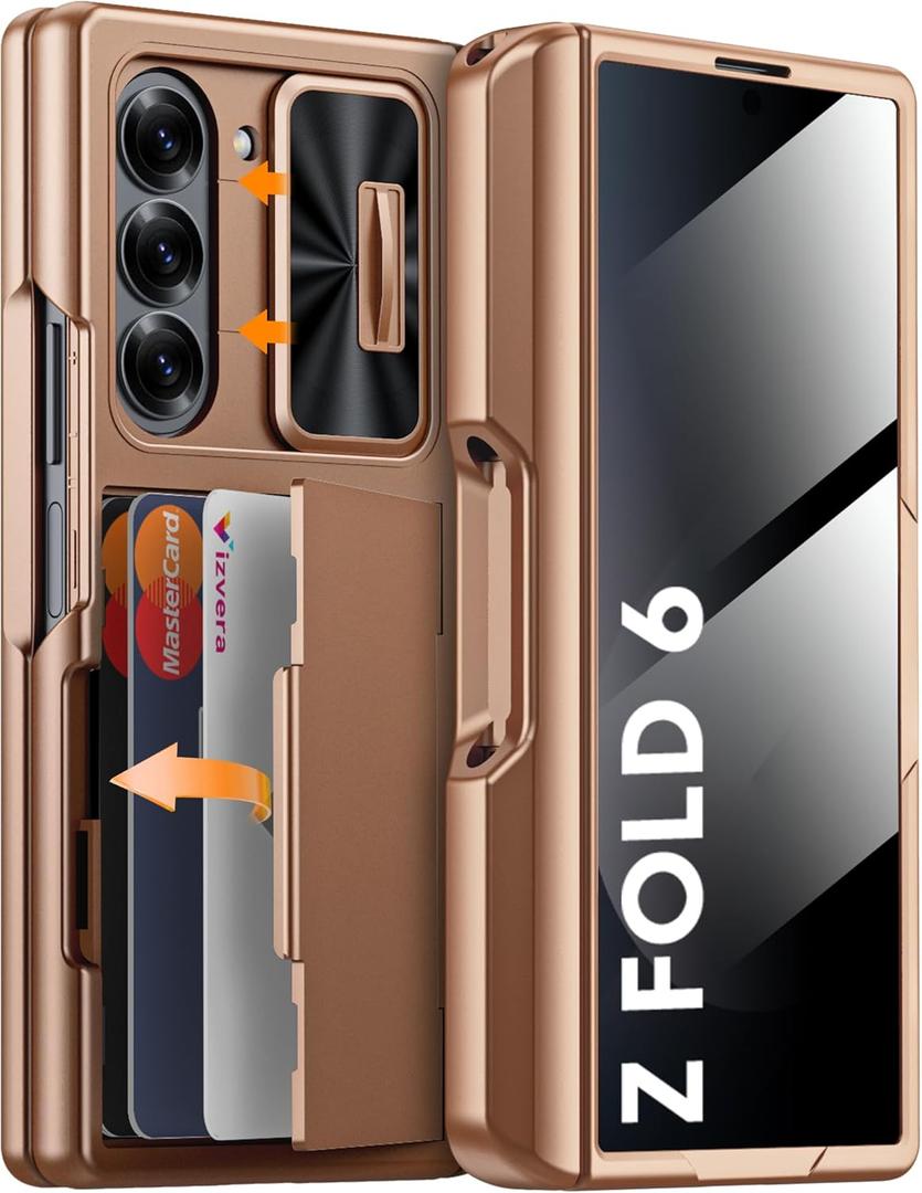 Vizvera for Galaxy Z Fold 6 Case Wallet,RFID Cards Holder [S Pen Holder][Privacy Screen Protector][Camera Cover] Shockproof Silicone Protective Phone Case for Z Fold 6 2024-Desert Gold