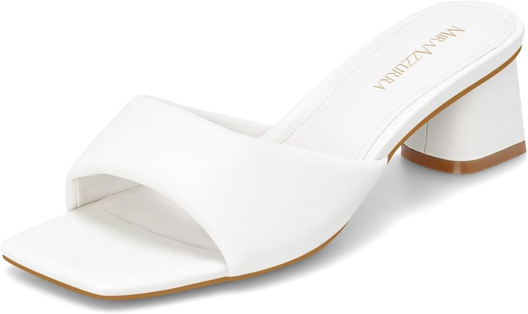 MIRAAZZURRA Heel Mules for Woman Square Open Toe Chunky Block Heel Slip on Heeled Sandals Casual Comfort Party Shoes (Size 6.5, White)