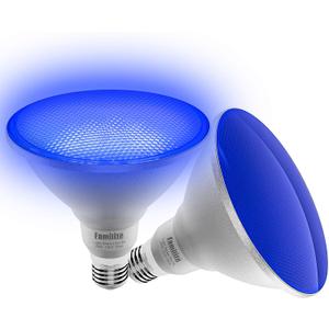 Blue Dusk to Dawn PAR38 LED Flood Light Bulbs with Auto On/Off Light Sensor for Porch Security or Landscape Lighting, Halloween, Christmas, Party, 30W = 100W, IP65 Waterproof, Pack of 2