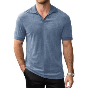 Mens Terry Polo Shirts Johnny Collar Casual Summer Short Sleeve Buttonless Shirt (Blue, M)