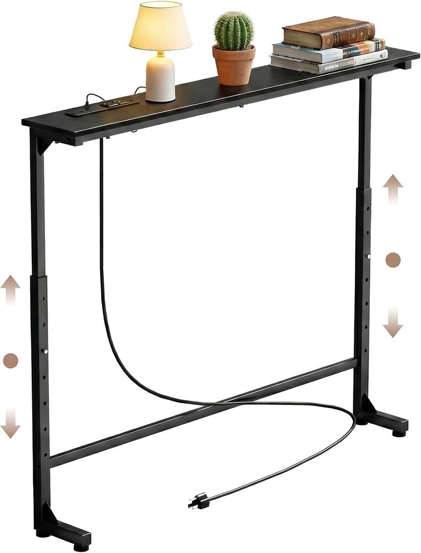 Adjustable Height Narrow Sofa Table with Built-in Power Outlets, 39" Long Console Table Behind Couch Table with Charging Station Skinny Entryway Table for Living Room & Hallway (Black)