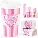 Perfect Mothers Day Gift50 Pack Sparkling Pink Disco Heart 16oz Disposable Coffee Cups with Lids & Sleeves -Premium Paper Cups for Mother's Day Wedding Birthday Baby Shower Supplies & Gifting