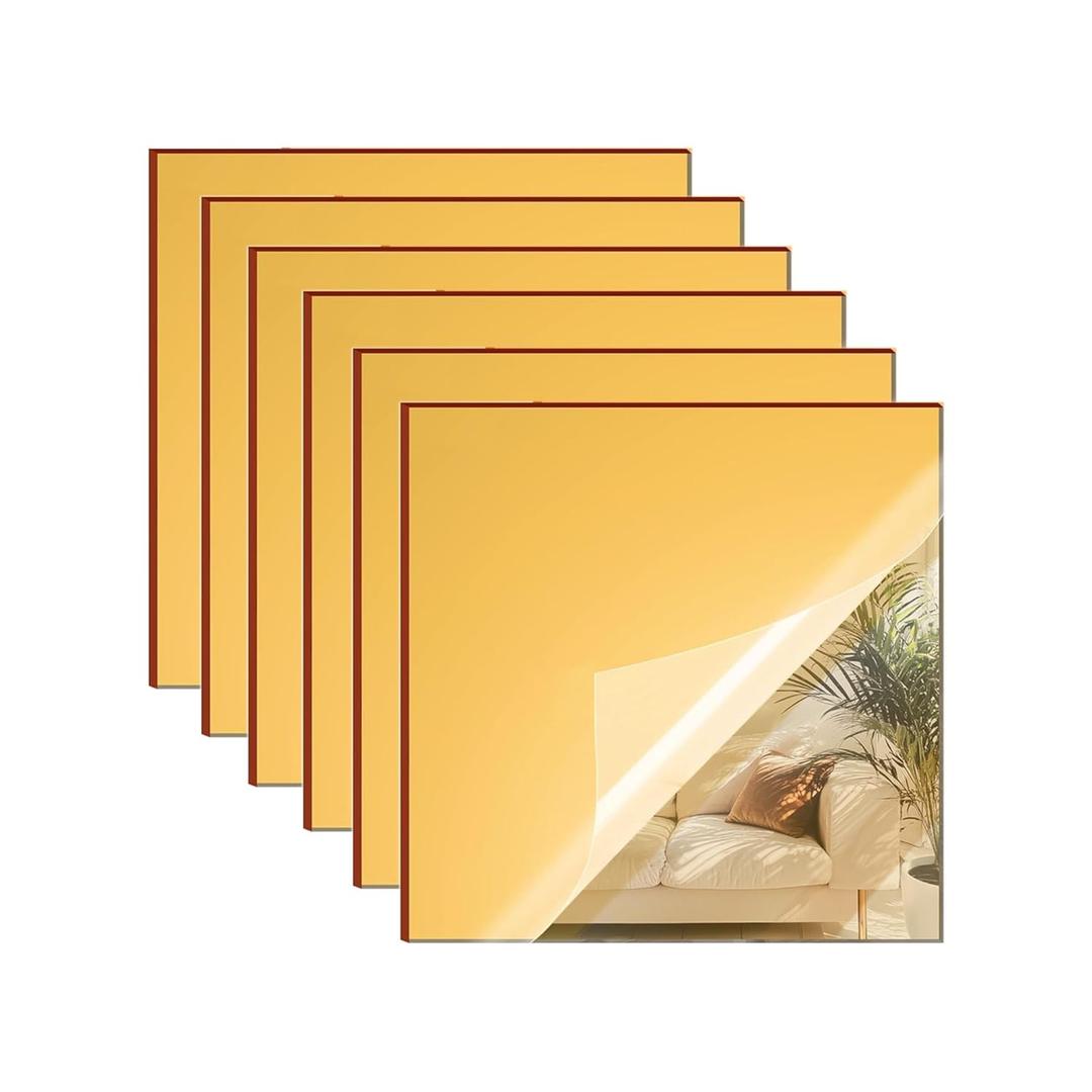 Gold Mirror Acrylic Sheets  6 Pack, 8x8 Inches, 1/8 Inch Thick, Reflective Mirror Acrylic Ideal for Laser Cutting, DIY Crafts, and Home Decorations (20x20 cm)