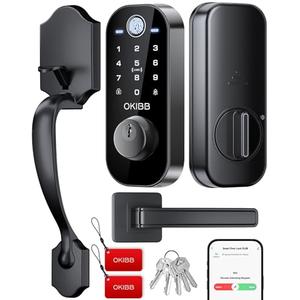 OKIBB Smart Front Door Lock Set, Built-in WiFi, Keyless Entry Deadbolt with App Remote Control, Electronic Digital Touchscreen Keypad with Lever Handle, Fingerprint/Passcode/Fob/Key Unlock, Auto Lock